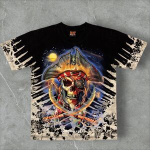 Vintage Liquid Blue Style Tie Dye V Pattern Pirate Skull Sword T Shirt - M